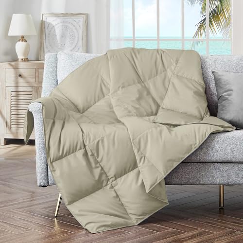 Puredown® Soft Feather Down Throw Blanket Lightweight Packable Couch Throw for Indoor and Outdoor Use, 50"X70", Beige