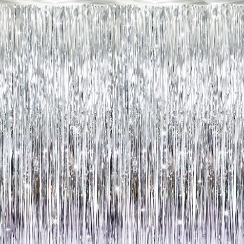 1, Silver : GOER 3.2 ft x 9.8 ft Metallic Tinsel Foil Fringe Curtains for Party Photo Backdrop Wedding Decor (Silver,1 pack)