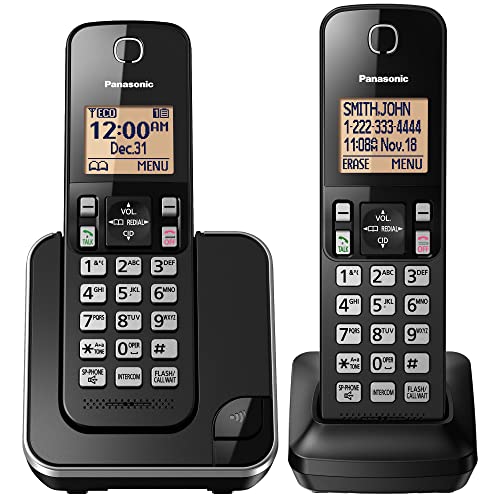 Panasonic Expandable Cordless Phone System with Amber Backlit Display – 2 Handsets – KX-TGC352B (Black)