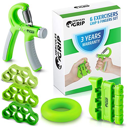 HerculesGrip Hand Grip Strengthener Forearm Grip Workout Kit - 6 Pack - Adjustable Hand Gripper Resistance Range of 22-88lbs, Finger Exerciser, Finger Stretcher & Exercise Ring + HD Video Manual