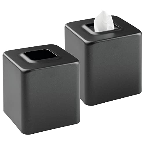 mDesign Modern Square Metal Paper Facial Tissue Box Cover Holder for Bathroom Vanity Countertops, Bedroom Dressers, Night Stands, Desks and Tables - 2 Pack - Black