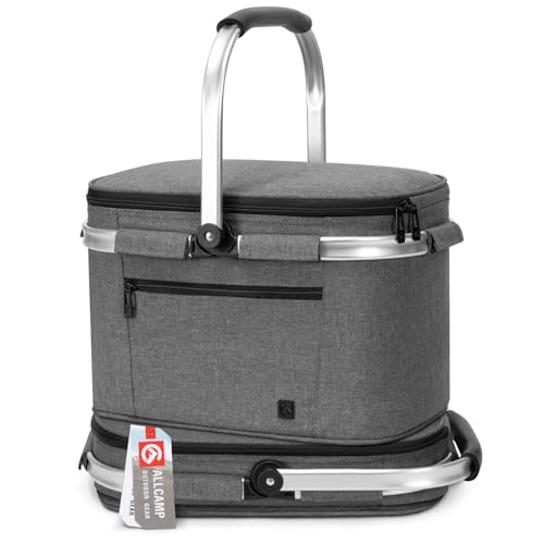 ALLCAMP Insulated Cooler Bag Portable Collapsible Picnic Basket Cooler Bag Collapsible, Leakproof, Lightweightwith Sewn in Frame (Medium Gray)