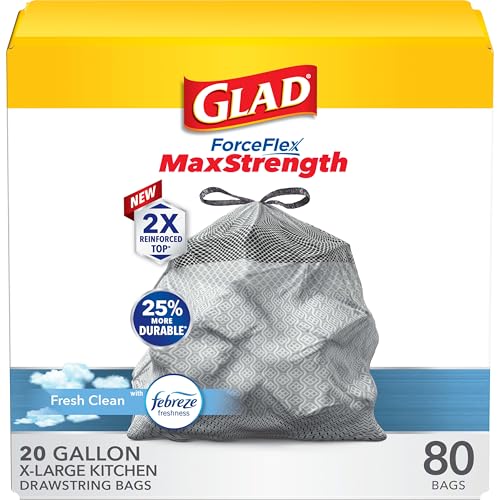 Glad ForceFlex MaxStrength XL Kitchen Trash Bags, 20 Gal, Fresh Clean, 80 Ct (Package May Vary)
