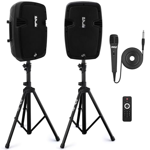 Pyle Powered Bluetooth PA Speaker Kit - Event Ready - Just Plug In and Play Active and Passive 350w Loudspeakers with Wired Microphone, Speaker Stands, Remote - MP3/USB/SD/AUX inputs - PPHP849KT