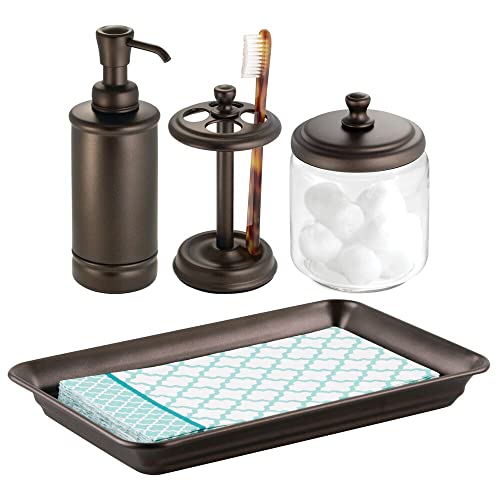 mDesign Classic Bath Accessory Set for Bathroom Vanity Countertops and Sinks, Includes Glass Canister Jar, Toothbrush Holder, Soap Pump Dispenser and Vanity Tray, Set of 4 - Bronze