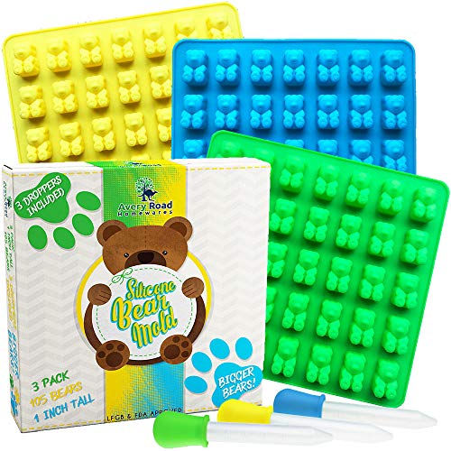 BIGGER Gummy Bear Mold 3 Pack BONUS 3 Droppers – LARGE Pure LFGB Silicone Candy Molds ~ 105 Big 1 Inch Gummie Bears on Trays – Ice Cube Gummies Chocolate & Gelatin Maker