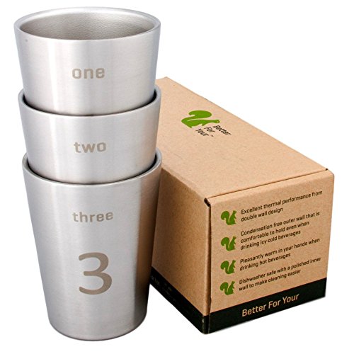 Better For Your - Small Stainless Steel Double Wall Number Cups - 8oz (250ml) - Set of 3 - Tumblers with Numbers and Words 1-2-3
