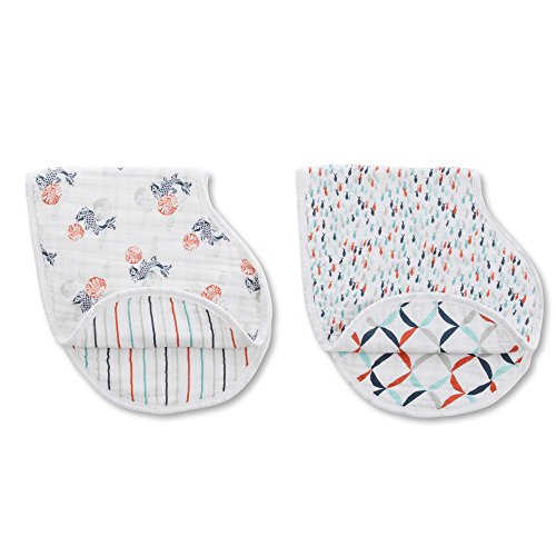 aden + anais Burpy Bib, Tea Collection, 100% Cotton Muslin, Soft Absorbent 4 Layers, Multi-Use Burp Cloth and Bib, 22.5” X 11”, 2 Pack, Fish Pond