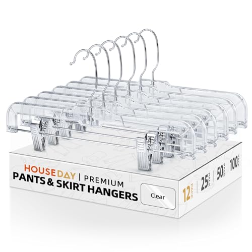 HOUSE DAY 12 Pack 14 inch Clear Plastic Skirt Hangers with Adjustable Clips, Pants Hangers 360-Rotating Swivel Hook, Clip Hangers for Pants, Trousers, Skirts, Jeans, Bulk Plastic Hangers