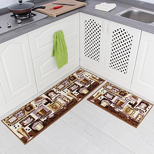Carvapet 2 Pieces (Brown 15"x47"+15"x23") Non-Slip Kitchen Mat Set Rubber Backing Doormat Runner Rug Set, Coffee Design