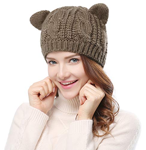 Bellady Women's Hat Cat Ear Crochet Braided Knit Caps, Khaki, One Size