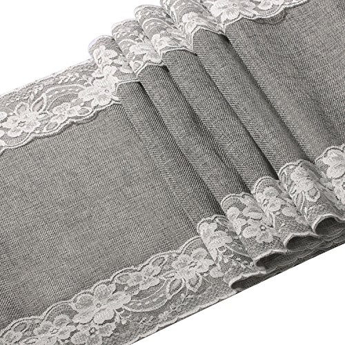 Ling's moment 12 x 108 Inch Grey Burlap Table Runner with Lace Trim for Rustic Chic Fall Wedding Party Home Dinning Table Dresser Decor/Machine Washable