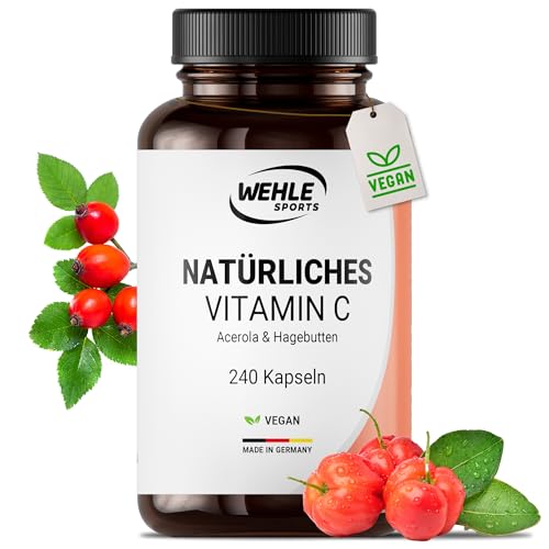 Natürliches Vitamin C Hochdosiert - 240 Vegane Kapseln 4 Monatsvorrat Acerola-Extrakt Und Hagebutten-Extrakt 400mg Reines Vitamin C Pro Tagesdosis (2 Kapseln) Laborgeprüft - Wehle Sports®