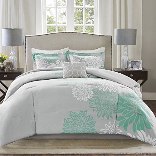 King, Aqua/Grey : Comfort Spaces – Enya Comforter Set - 5 Piece – Aqua, Grey – Floral Printed – King Size, Includes 1 Comforter, 2 Shams, 1 Decorative Pillow, 1 Bed Skirt