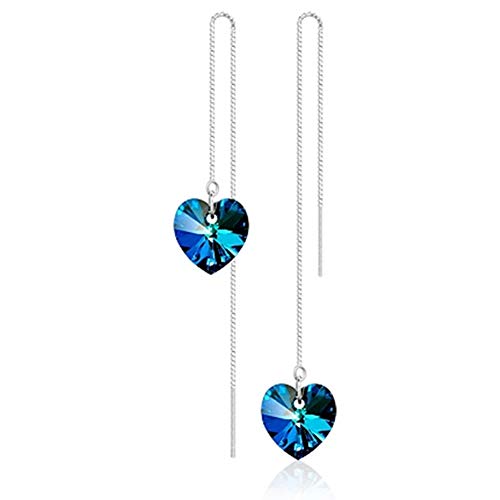 Ladies 925 Sterling Silver Blue Swarovski Crystal Heart of Ocean Long Earrings
