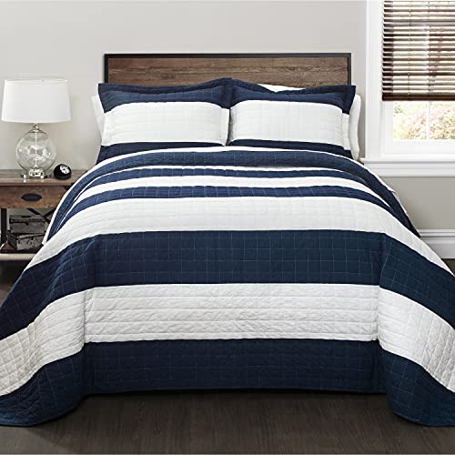 Lush Decor 16T000491 3 Piece Stripe Quilt Set, Full/Queen, Navy/White