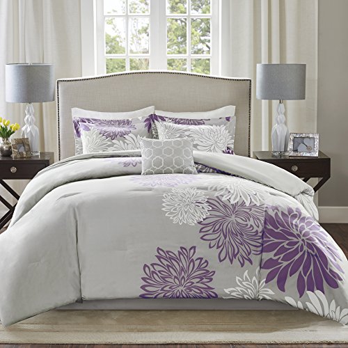 Comfort Spaces - CS10-0024 Enya 5 Piece Comforter Set Ultra Soft Hypoallergenic Microfiber Floral Print Bedding, King, Purple/Grey