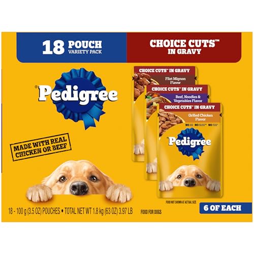 Pedigree CHOICE CUTS Variety Pack: (6) Filet Mignon; (6) Grilled Chicken; (6) Beef Noodles and Vegetables Choice Cuts Offers Complete Nutrition in a Balanced Dog Food