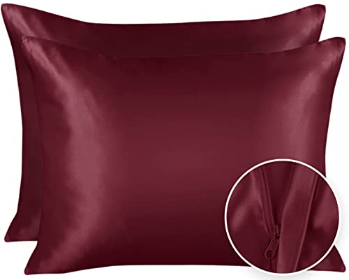 Sweet Dreams 2-Pack Luxury Satin Pillowcase with Zipper, Standard Size, Burgundy (Silky Satin Pillow Case for Hair) by Shop Bedding