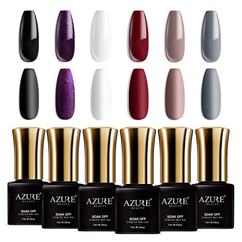 AZUREBEAUTY Classic Gel Nail Polish Set - 6 Colors Wined Red Deep Dark Gel Polish Kit Snow White Nude Grey Nail Gel Polish Soak Off UV LED Gel Nail Kit Manicure Home Gift Box