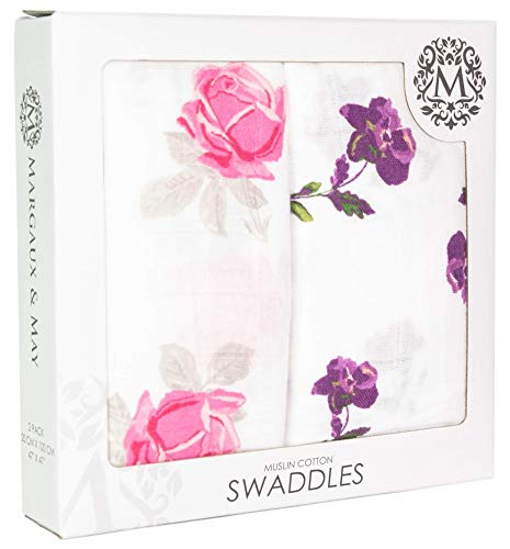 Swaddle Blankets for Baby Girls, 2-Pack, Soft Swaddling Wrap for Newborn Infants, Large 47 x 47 inches, Pink Purple Flowers by Margaux & May