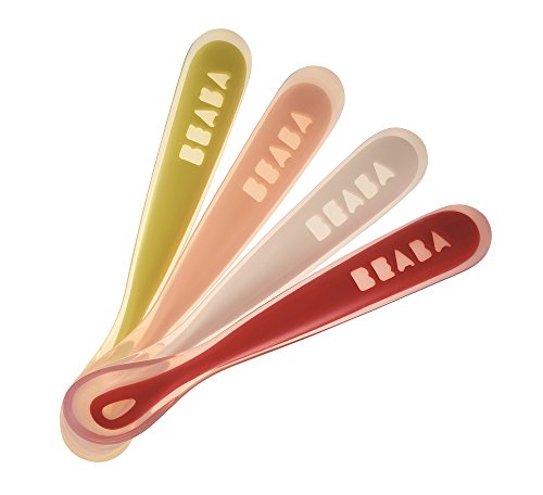 BEABA First Stage Baby Feeding Spoon Set, THE ORIGINAL Soft Tip Silicone Spoons for Babies, Gum Friendly BPA Lead Phthalate and Plastic Free, Great Gift Set (4 Pack), Neon
