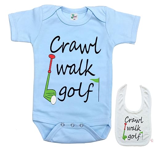 " Crawl Walk Golf " Cute Boutique Baby bodysuit onesie & matching bib