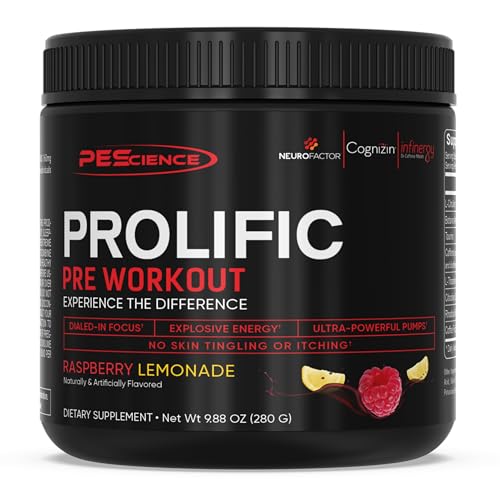 PEScience Prolific Energy Pre Workout – L Citrulline for Nitric Oxide, Rhodiola & CDP Choline Nootropic for Focus – Preworkout for Men & Women – 40 Scoops, Raspberry Lemonade