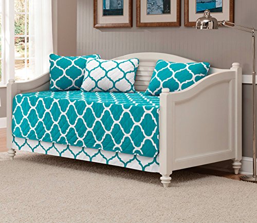 Mk Collection 5pc Modern Elegant Reversible Bedspread DayBed Cover Set Geometric Contemporary Pattern Turquoise/White Quilted New