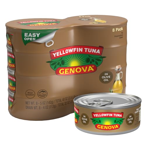 Genova Premium Yellowfin Tuna in Olive Oil, 5 Ounce Cans, 8-Pack – Nutrient Rich, High Protein Canned Tuna Fish - Delicious, Easy, Nutritious Ready to Eat Meals