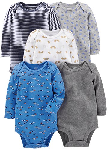 Simple Joys by Carter's Baby Boys 5-Pack Long-Sleeve Bodysuit, Blue/Grey, 6-9 Months