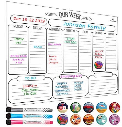 HomeN'Stars Magnetic Weekly Calendar Whiteboard / Multi Purpose Planner for Fridge / Week White Board for Refrigerator 16” x 12” Bonus 10 Magnetic Icons and 2 Markers