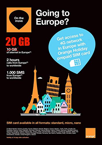Orange Holiday Europe - Prepaid SIM Card - 10GB Internet Data in 4G/LTE (Data tethering Allowed) + 120 mn + 1000 Texts in 30 Countries in Europe