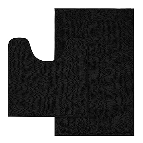 Mayshine 2 Piece Set Black Non-slip Bathroom Rug Shower Mat Machine-washable Bath Mats Absorbent Soft Microfibers
