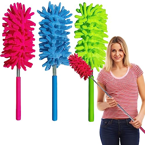 M-Jump 3 Pack Retractable Long-Reach Washable Duster for Cleaning, Microfiber Hand Duster Brush with Telescoping Pole for Cleaning Car, Window, Furniture, Office