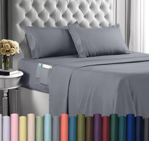 Utopia Bedding Queen Sheet Set – Soft Microfiber 4 Piece Hotel Luxury Bed Sheets with Deep Pockets - Embroidered Pillow Cases - Side Storage Pocket Fitted Sheet - Flat Sheet (Grey, Queen)