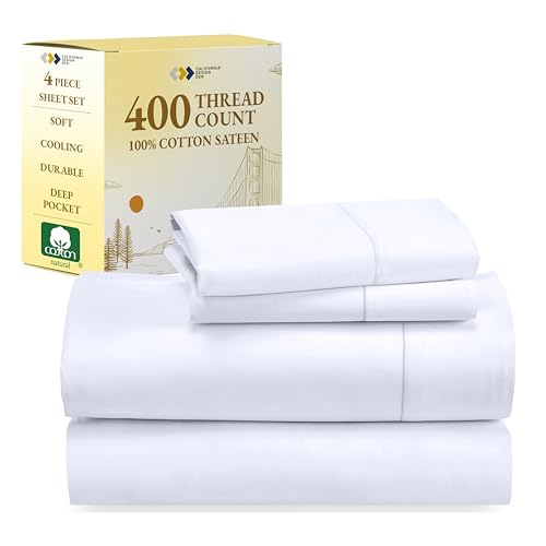 California Design Den King Size Sheets Set - Soft 400 Thread Count Sateen, Natural 100% Cotton Sheets King Size, Deep Pockets with All Around Elastic for A, Cool & Durable Bedding - White