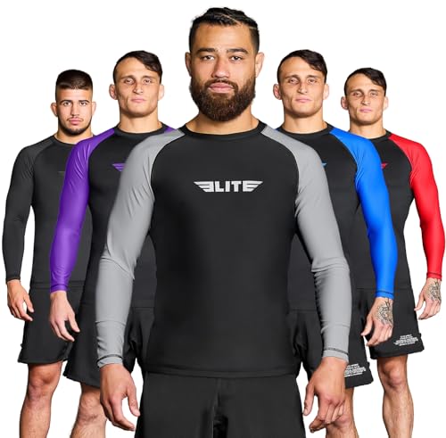 Elite Sports New Item Full Long Sleeve Compression, MMA, BJJ, No-Gi, Cross Training Rash Guard (Gray, Medium)