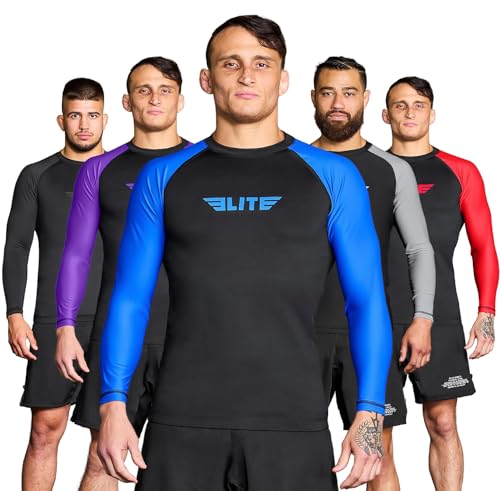 Elite Sports Herren Jiu Jitsu BJJ Rashguard Langarm Kompressionsshirt für Sport Nogi Training, IBJJF Rank Farbe Blau