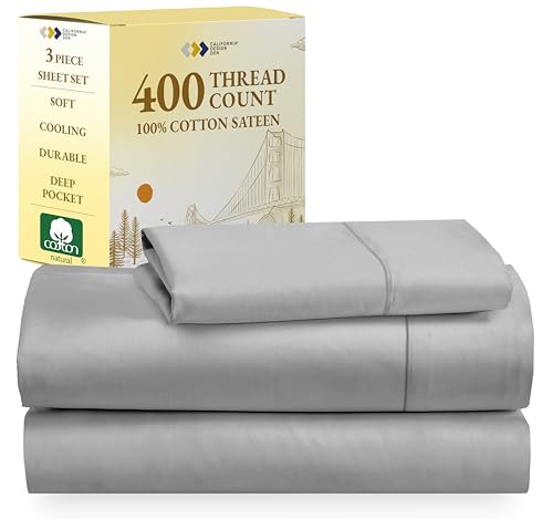 California Design Den Softest 100% Cotton Sheets, Twin XL Sheets Set, 400 Thread Count Sateen Bedding for Dorm Rooms & Adults, Deep Pocket Sheets, Cooling Sheets (Light Grey)