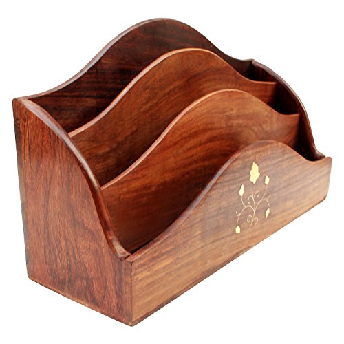 RGRANDSONS Handmade Wooden Desk Letter Rack Magazine Holder 3 Self Brass Inlay 12 Inch