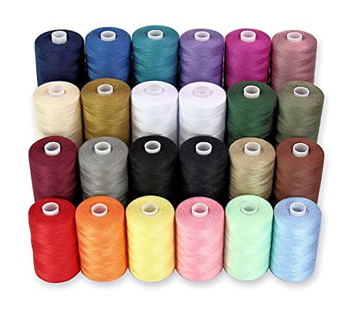 Sewing Thread - 24 Spools of Polyester Thread for Sewing Machine for Beginners, Hand Stitching & Quilting - 1000 yds Each in 22 Colors + Bonus Black & White
