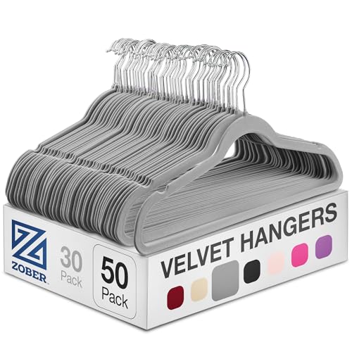 Zober Premium Quality Space Saving Velvet Hangers Strong and Durable Hold Up to 10 Lbs - 360 Degree Chrome Swivel Hook - Ultra Thin Non Slip Suit Hangers, Grey - 50 Pack