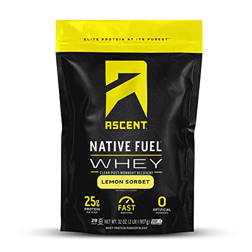 Ascent 100% Whey Protein Powder - Post Workout Whey Protein Isolate, Zero Artificial Flavors & Sweeteners, Gluten Free, 5.5g BCAA, 2.6g Leucine, Essential Amino Acids, Lemon Sorbet 2 lb