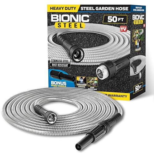 Bionic Steel Metal Garden Hose 50 Ft with Nozzle, Rust Proof 304 Stainless Steel Water Hose with Aluminum Fittings, Flexible & Heavy Duty Hose, Lightweight, Kink Free, Tuyau Arrosage - 2025 Model