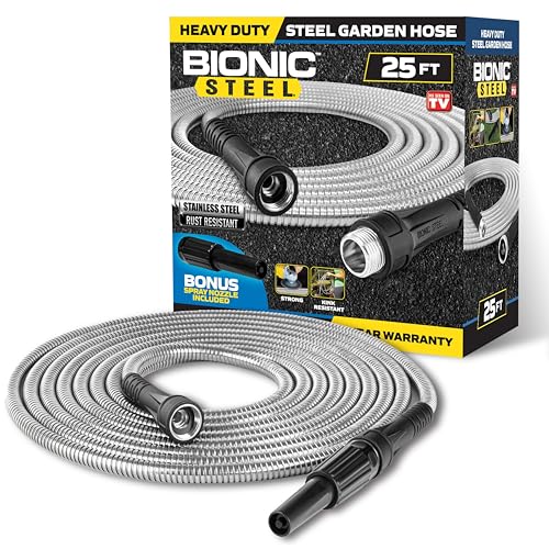 Bionic Steel 25 Ft Short Metal Garden Hose with Nozzle, Premium 304 Stainless Steel Metal Water Hose 25Ft, Flexible, Kink Free, Lightweight, Heavy Duty, Crush Resistant Fittings, 500 PSI, 2025 Model