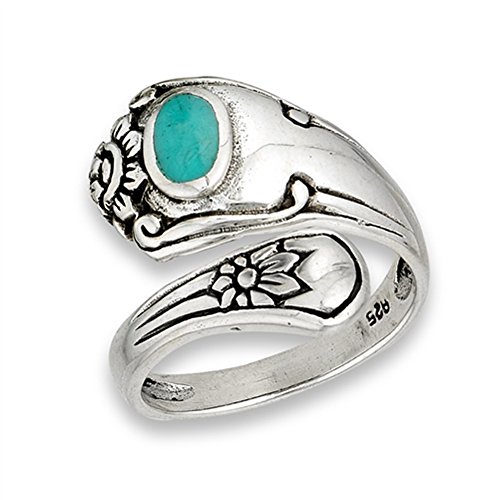 Open Simulated Turquoise Unique Vintage Spoon Ring Sterling Silver Thumb Band Sizes 6-9