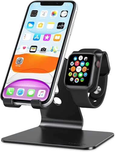 OMOTON Stand for Apple Watch - 2 in 1 Universal Desktop Stand Holder (Not Include Charger) for All iPhone 16 15 14 13 12 and Apple Watch Series 9/8/SE2/7/6/SE/5/4/3/2 (Both 38/40/41/42/44/45mm)-Black
