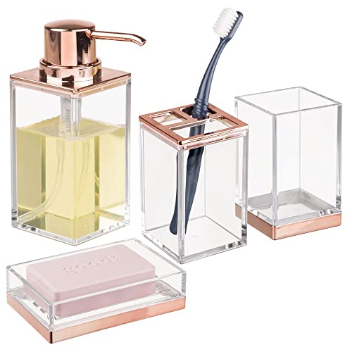 mDesign Square Plastic Bathroom Vanity Countertop Accessory Set - Includes Soap Dispenser Pump, Divided Toothbrush Holder, Tumbler Rinsing Cup, Soap Dish - 4 Pieces - Clear/Rose Gold