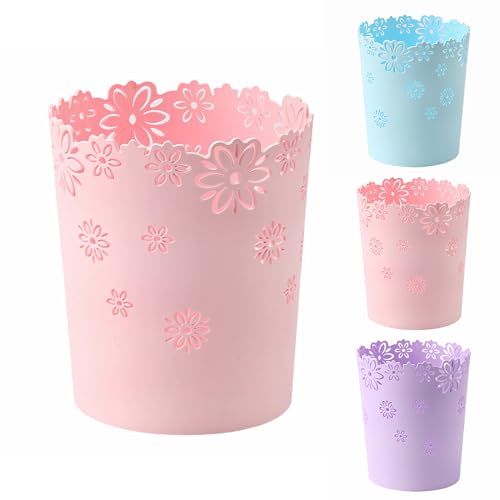 Mini Wastebasket 1.8 Gallons Small Pink Trash can Room Decor Hollow Flower Shape Plastic Lidless Round Garbage Container Bin for Bathroom, Kitchen, Bedroom, Home Office, College Dormitory (Pink, M)
